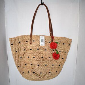 Mar Y Sol Florence Cherry Charm Straw Tote Bag in Navy/Natural #7975-NV NWT